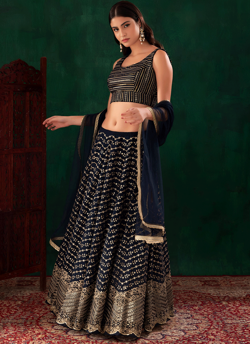 Midnight Blue Premium Embroidered Georgette Lehenga Choli for Wedding Wear