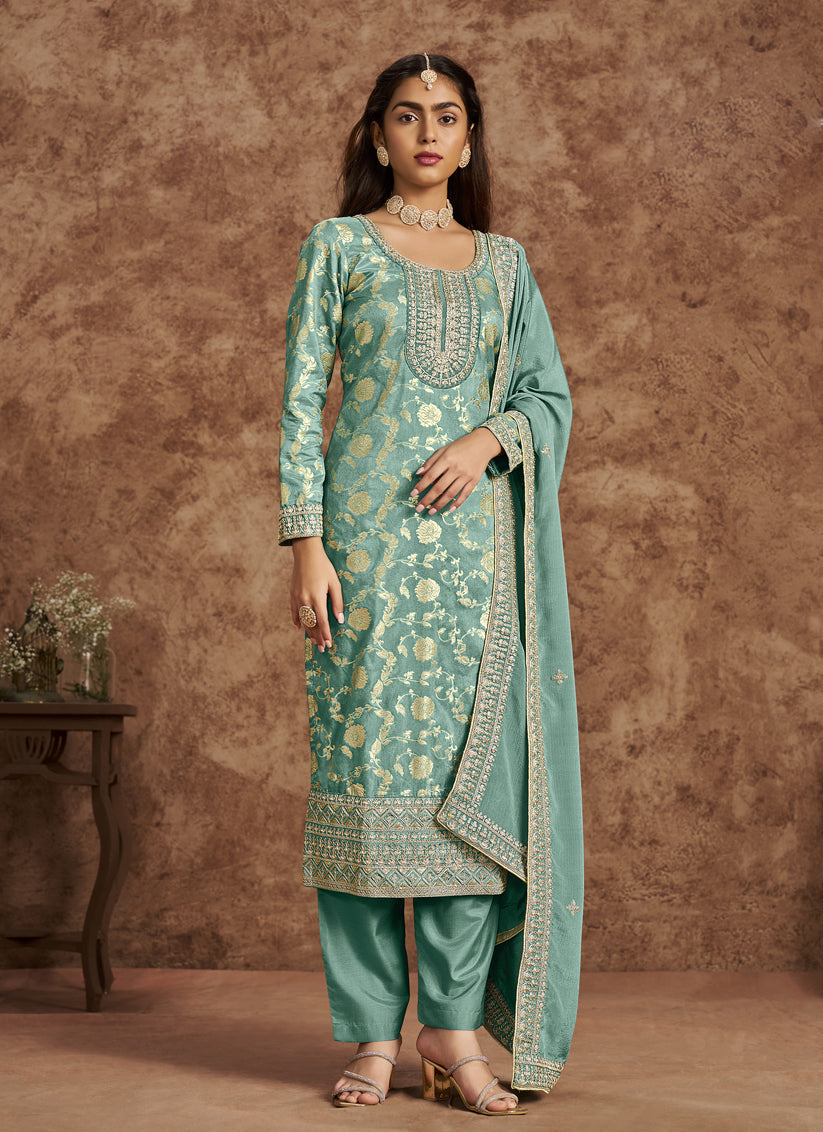 Mint Blue Dola Jacquard & Embroidered Plus Size Suit