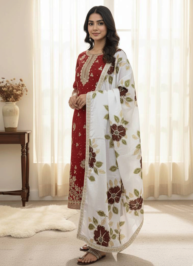 Rich Red Embroidered Top and Palazzo with Matching Dupatta