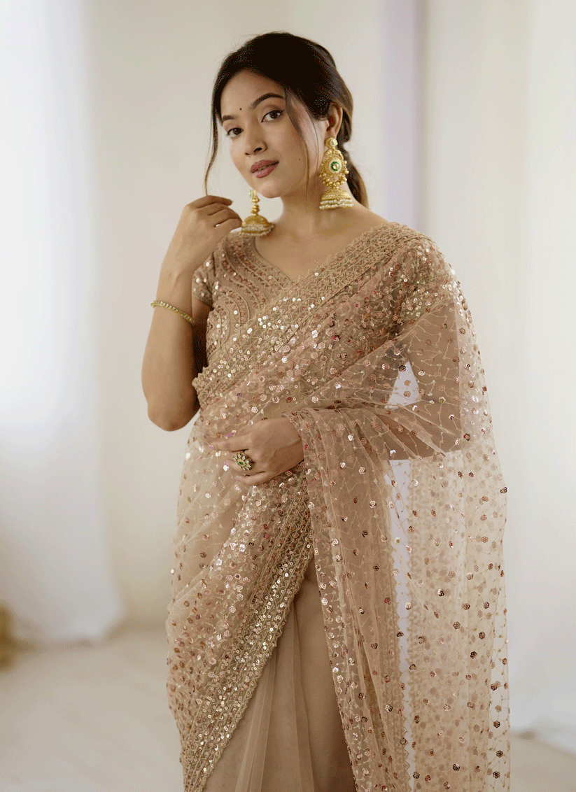 Stunning Golden Sequin Net Party Wear Saree with Blouse