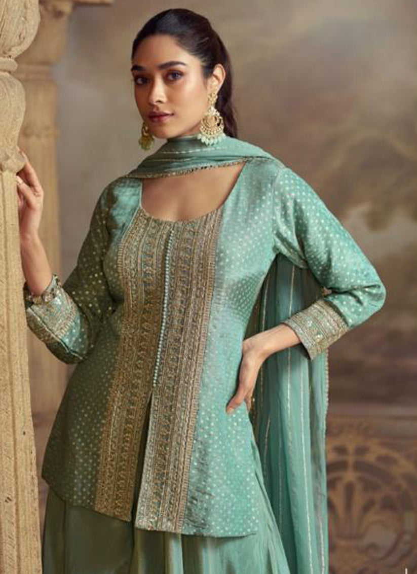 Sage Green Georgette Embroidered Designer Plazzo Suit