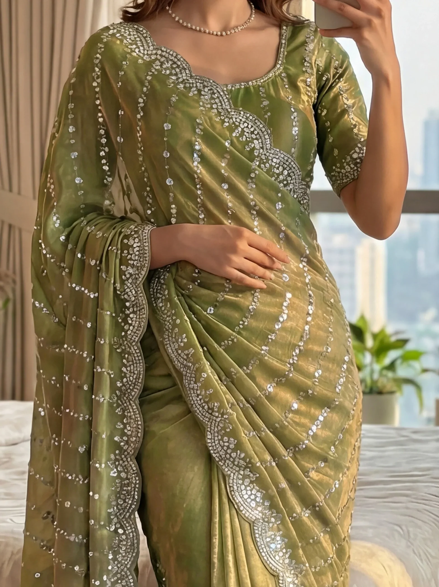 Chic Olive Green Beadwork Satin Mehendi Saree with Blouse
