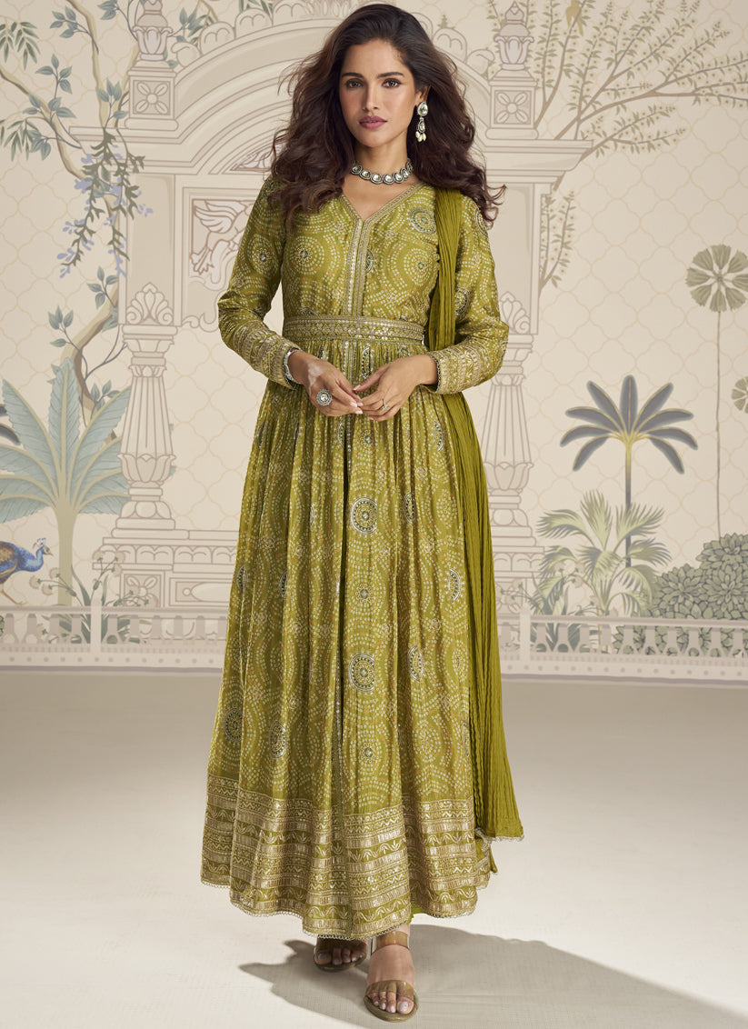 Mehendi Green Premium Chinon Silk Long Front-Cut Anarkali Suit – Elegant Festive & Occasion Wear