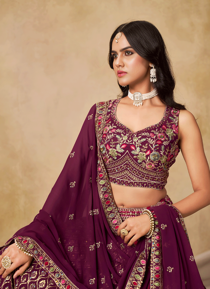 Classic Maroon Georgette Lehenga Choli with Sequins & Thread Embroidery