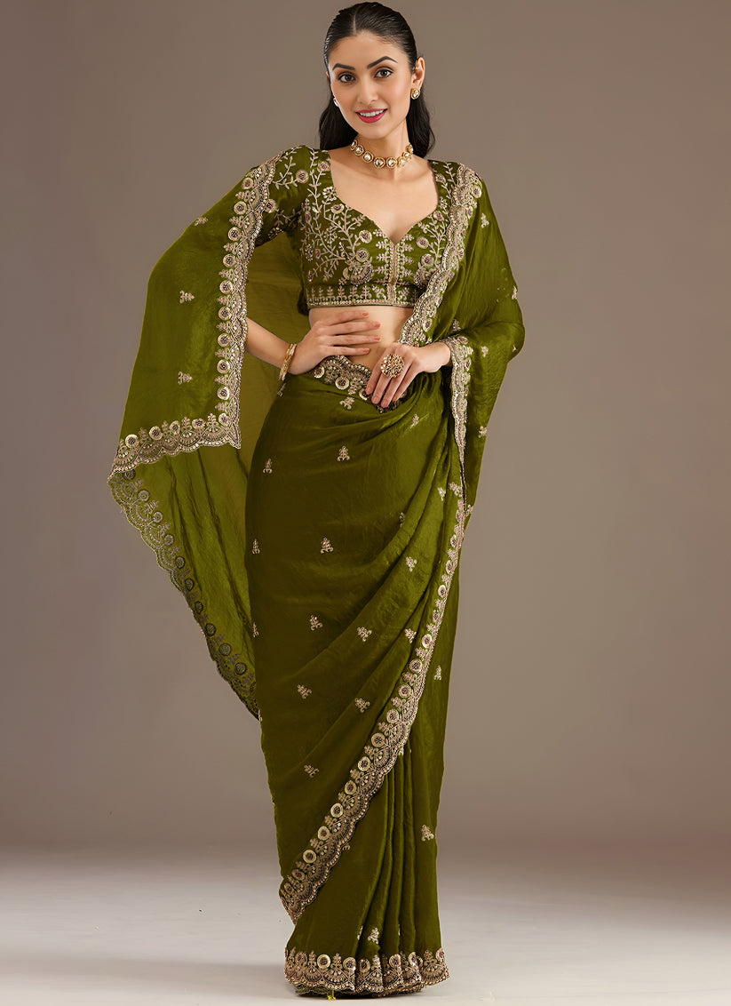 Olive Green Designer Tissue Saree with Embroidery and Sequin Work