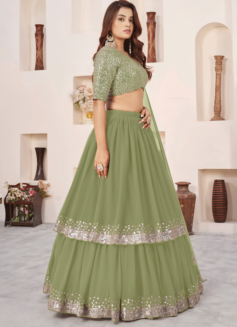 Olive Mist Sequins & Embroidered Georgette Lehenga Choli with Soft Net Dupatta