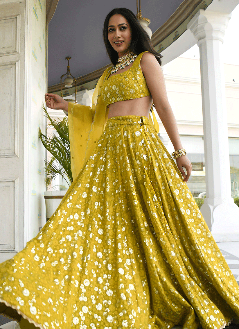 Chartreuse Green Designer Georgette Lehenga Choli with Intricate Embroidery
