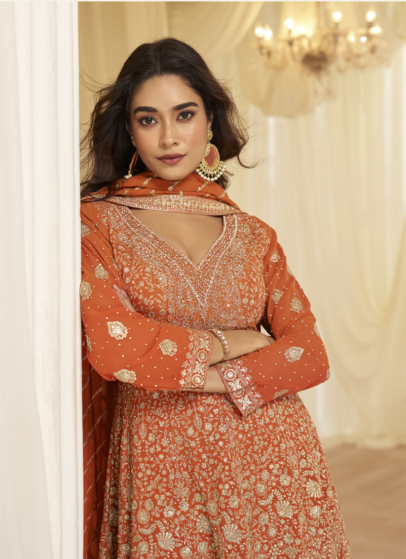Burnt orange Premium Heavy Embroidered Georgette Kurti & Palazzo Set