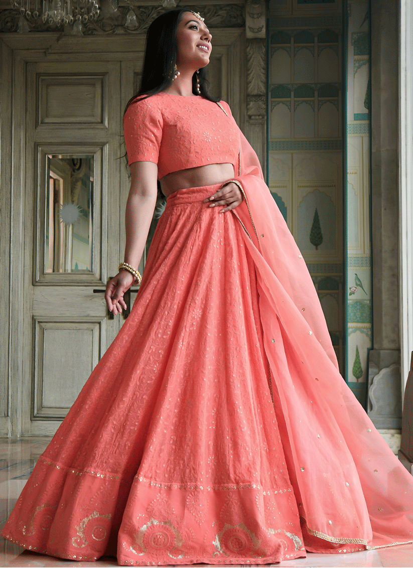 Coral Pink Party Wear Embroidered Georgette Lehenga Set