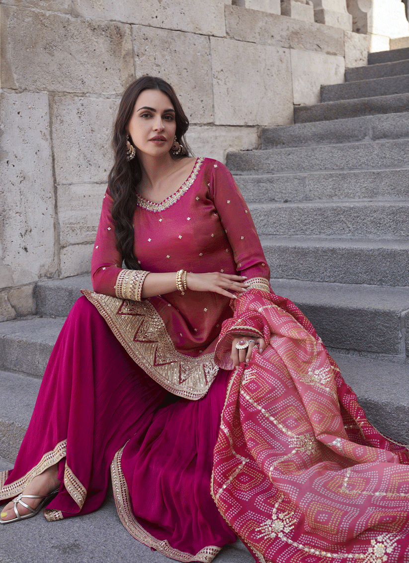 Magenta Shimmer Silk Festive Wear Palazzo Suit with Gota Embroidered Detailing