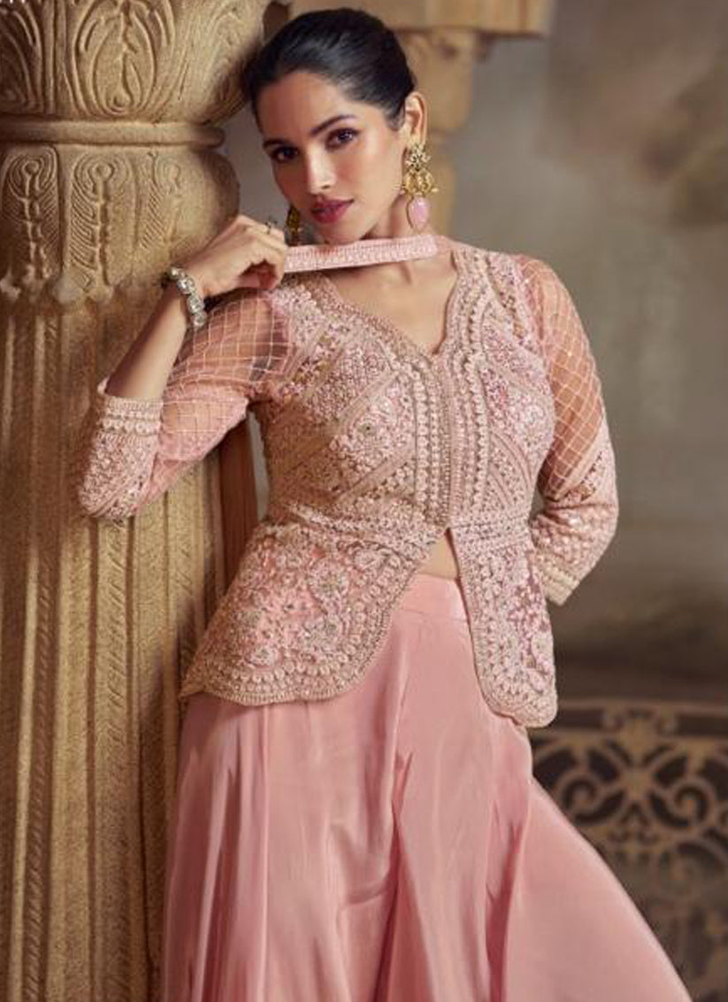 Dusty Pink Georgette Embroidered Designer Plazzo Suit