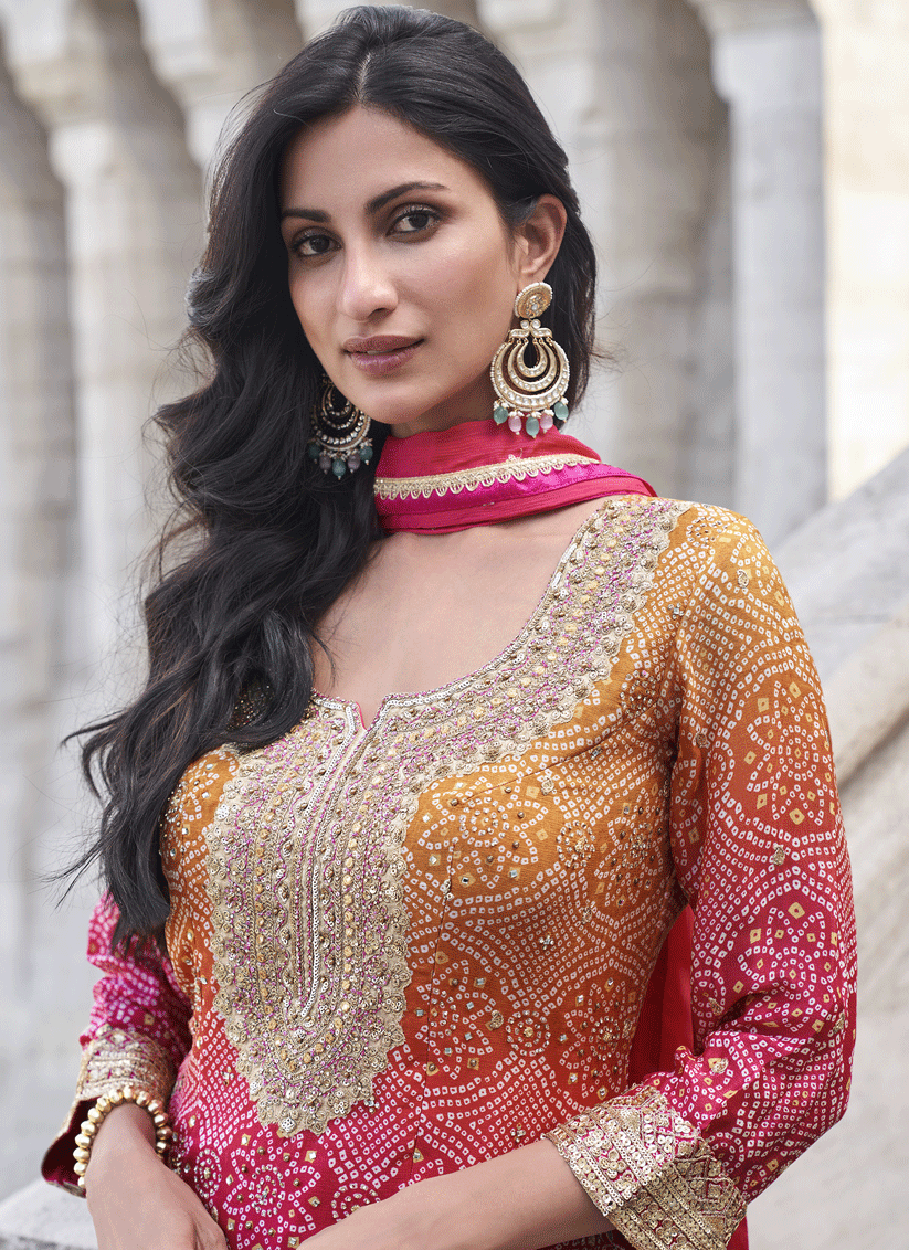 Pink Shimmer Silk Festive Wear Palazzo Suit with Gota Embroidered Detailing