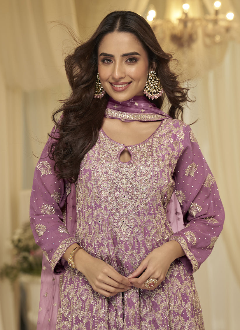 Lavender Dream Premium Heavy Embroidered Georgette Kurti & Palazzo Set