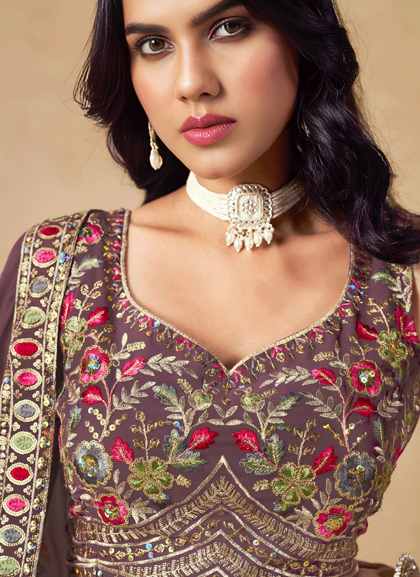 Luxury Purple Georgette Lehenga Choli with Sequins & Thread Embroidery