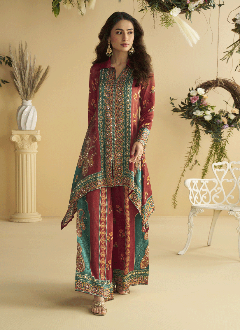Cherry Charm Crepe Silk Mirror-Embellished Digital Print Co-Ord Set