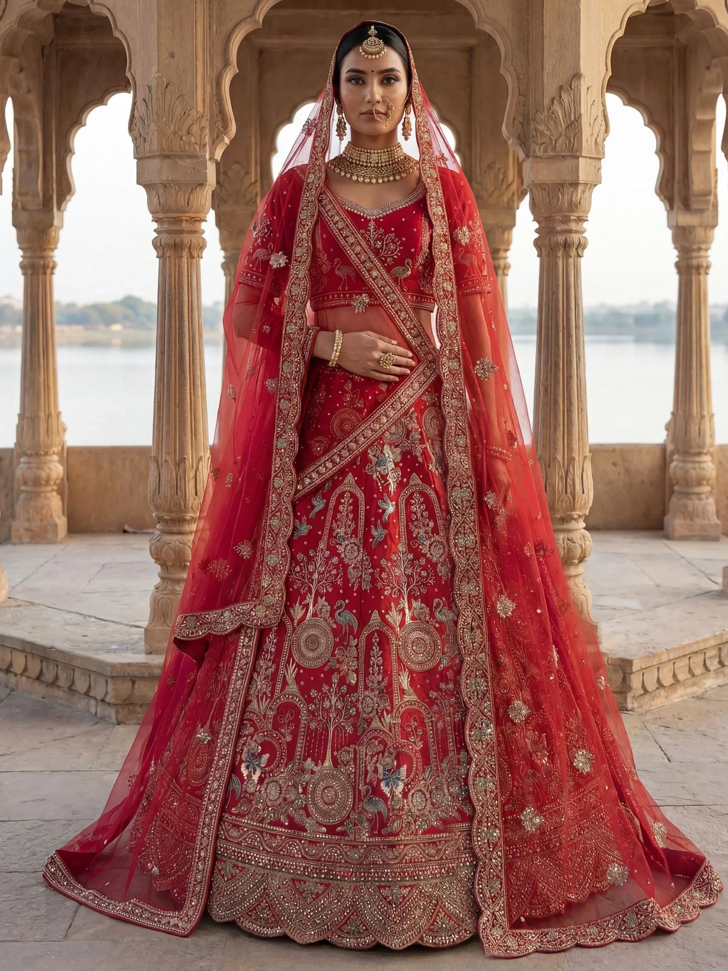 Luxurious Red Thread-Embroidered Silk Bridal Lehenga with Double Dupatta