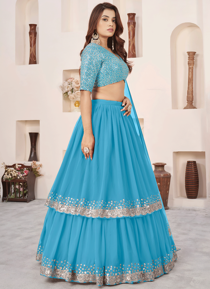 Sky Glow Blue Sequins & Embroidered Georgette Lehenga Choli with Soft Net Dupatta