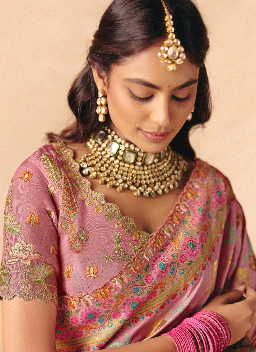 Elegant Peach Dola Silk Saree with Zari Embroidery, Sequins Detailing & Wedding Wear Saree