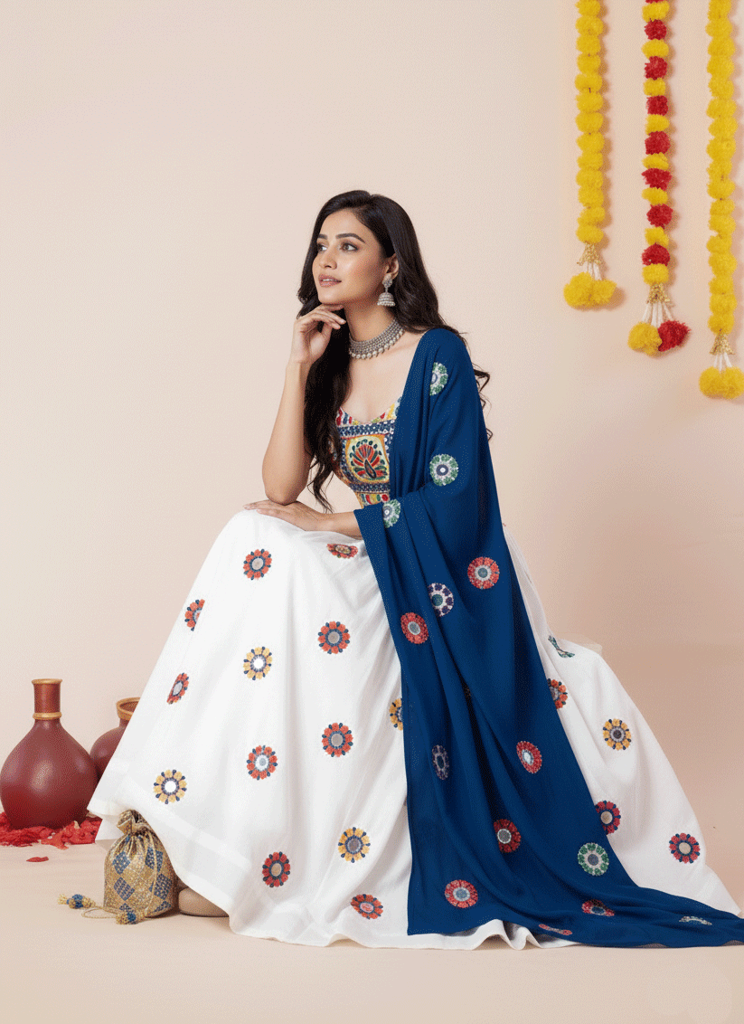 Premium White Rayon Mirror Work Chaniya Choli for Garba & Navratri