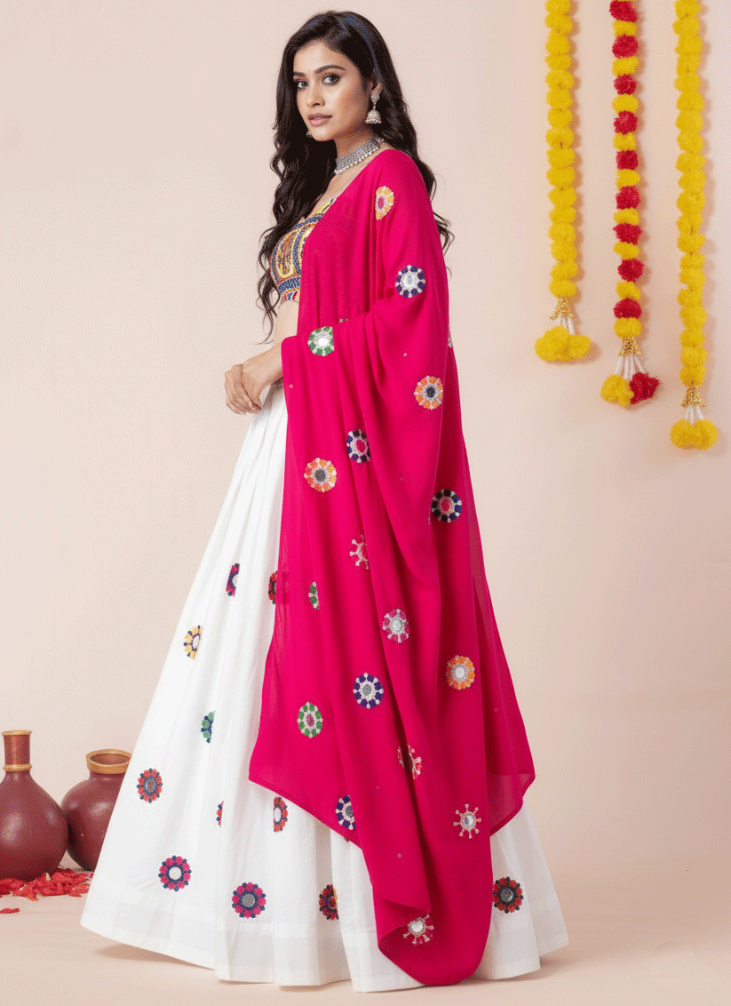 Premium White Rayon Embroidered Chaniya Choli for Garba & Navratri