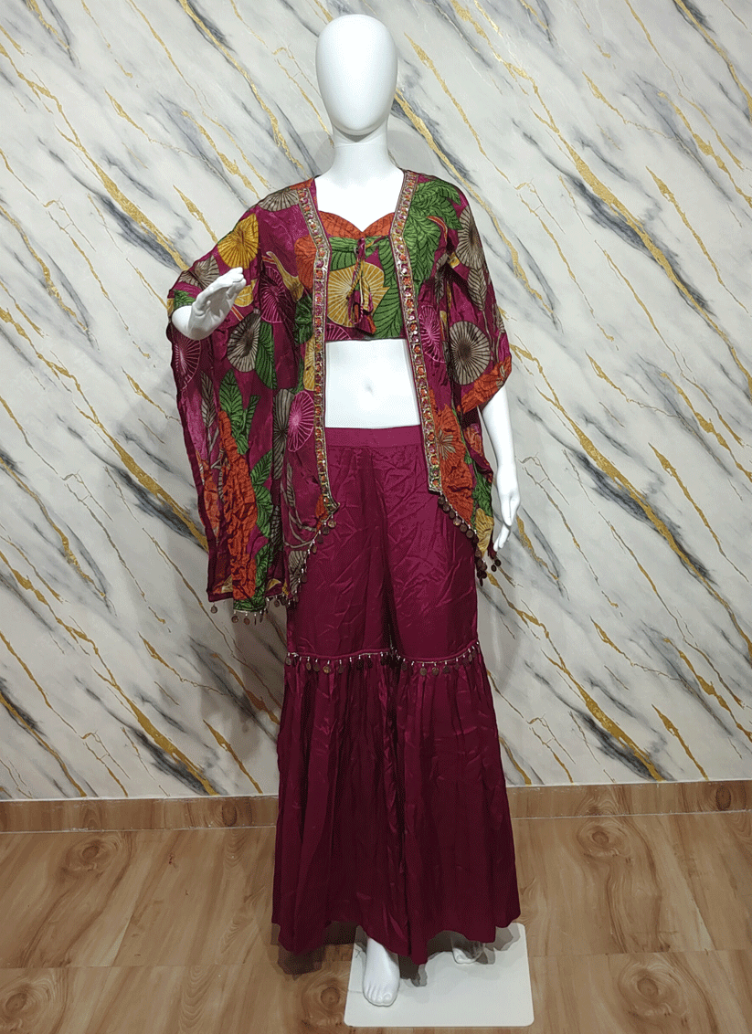 Wine Silk Embellished 3 Piece Indo Western