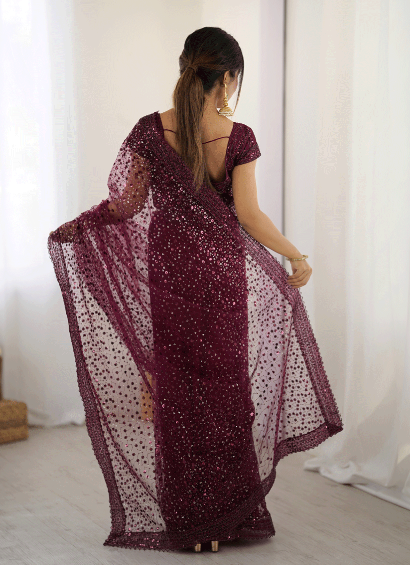 Elegant Wine Sequin Net Reception Saree with Designer Blouse