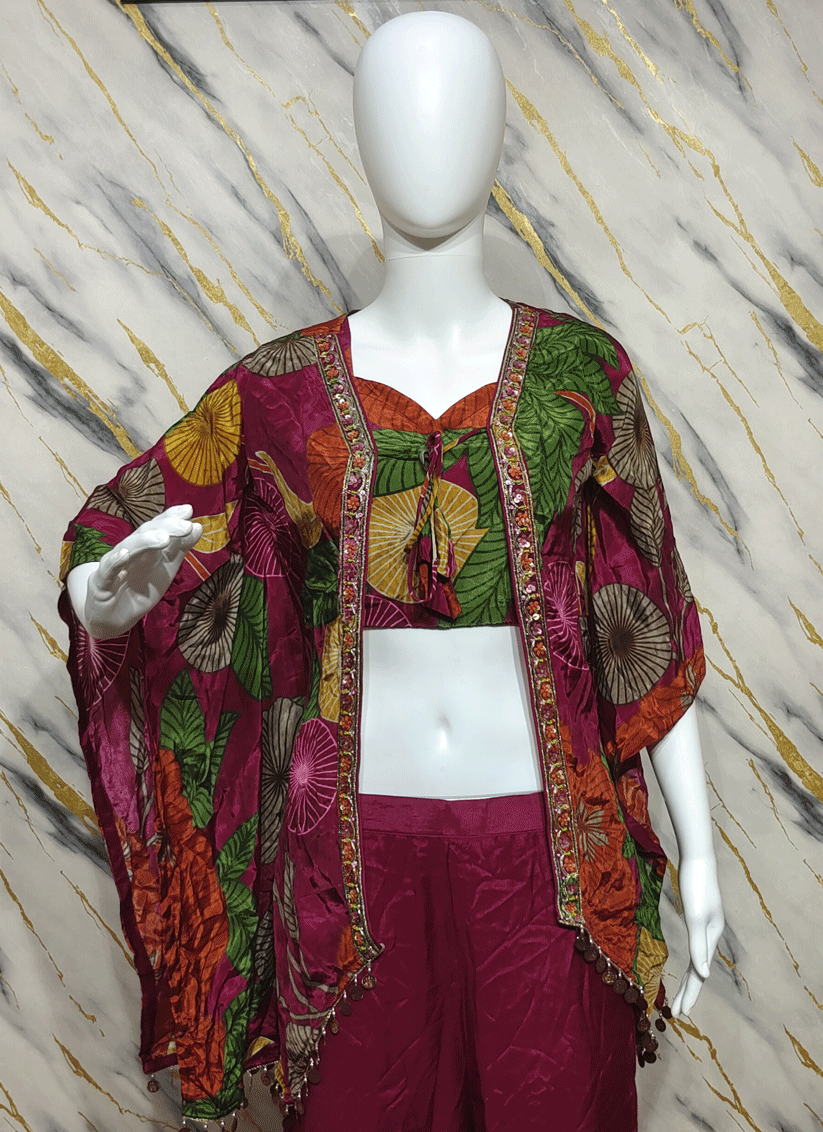 Wine Silk Embellished 3 Piece Indo Western