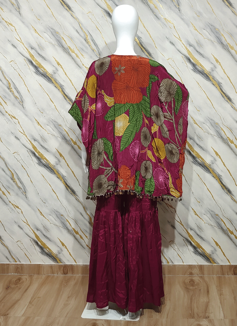 Wine Silk Embellished 3 Piece Indo Western