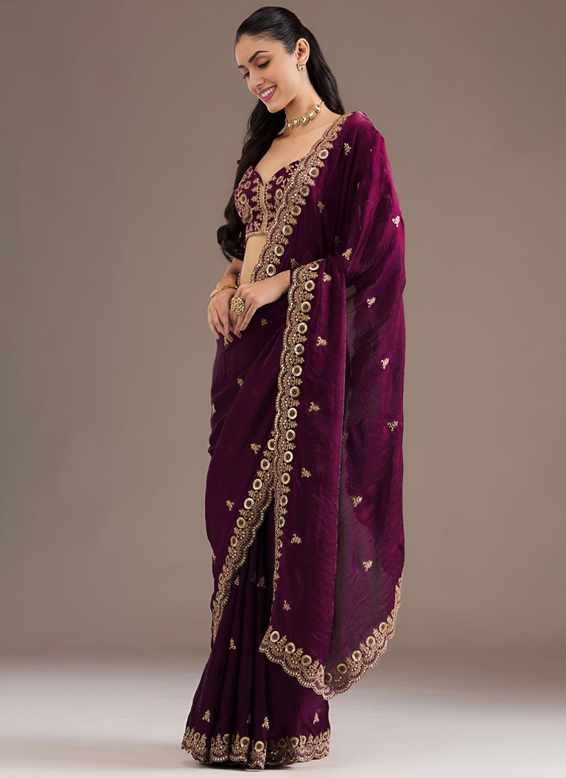 Wine Designer Tissue Saree with Embroidery and Sequin Work