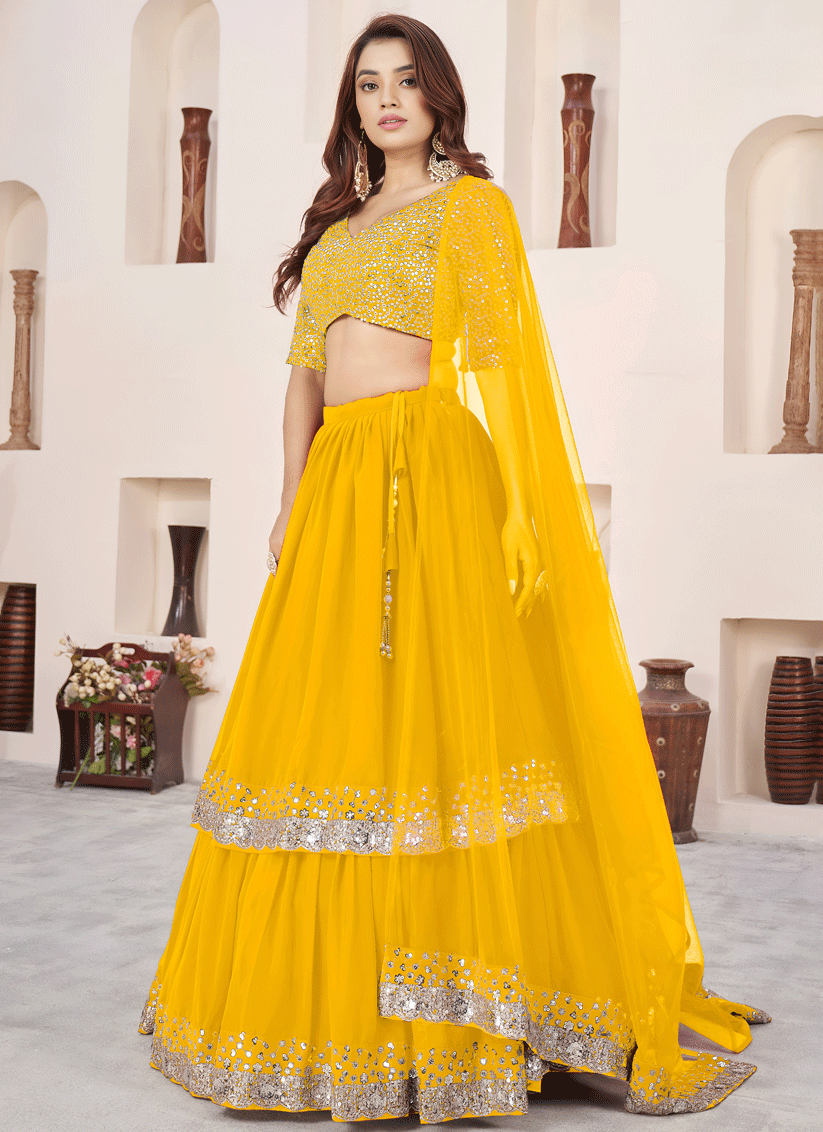 Sunshine Yellow Sequins & Embroidered Georgette Lehenga Choli with Soft Net Dupatta