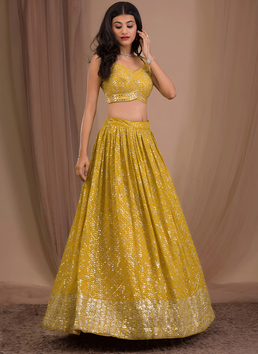 Maize Yellow Elegant Georgette Embroidered Lehenga Choli for Functions