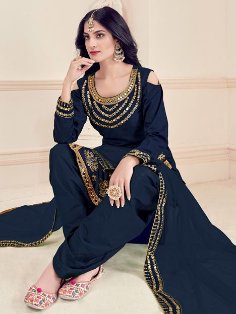 Midnight Blue Silk Embroidered and Mirrow Work Patiala Salwar Kameez