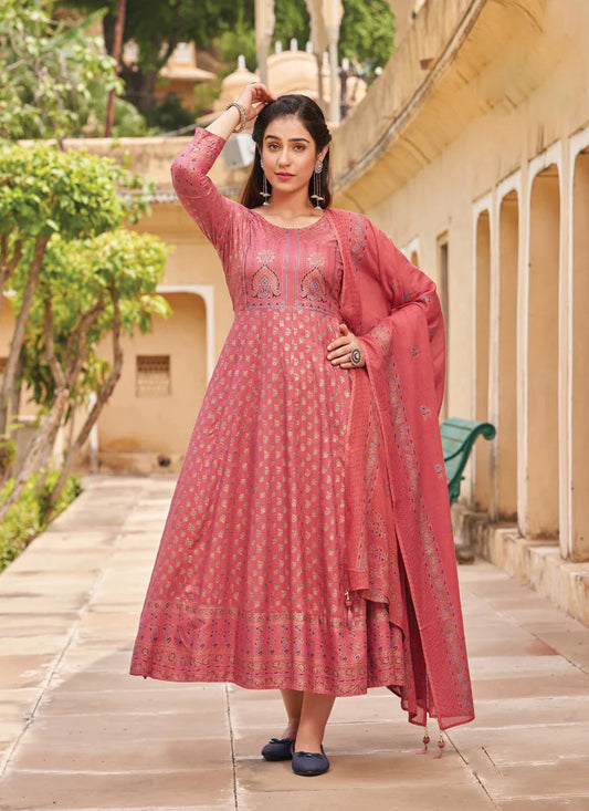 Baby Pink Rayon Printed Ready Made Anarkali Style Kurti with Dupatta