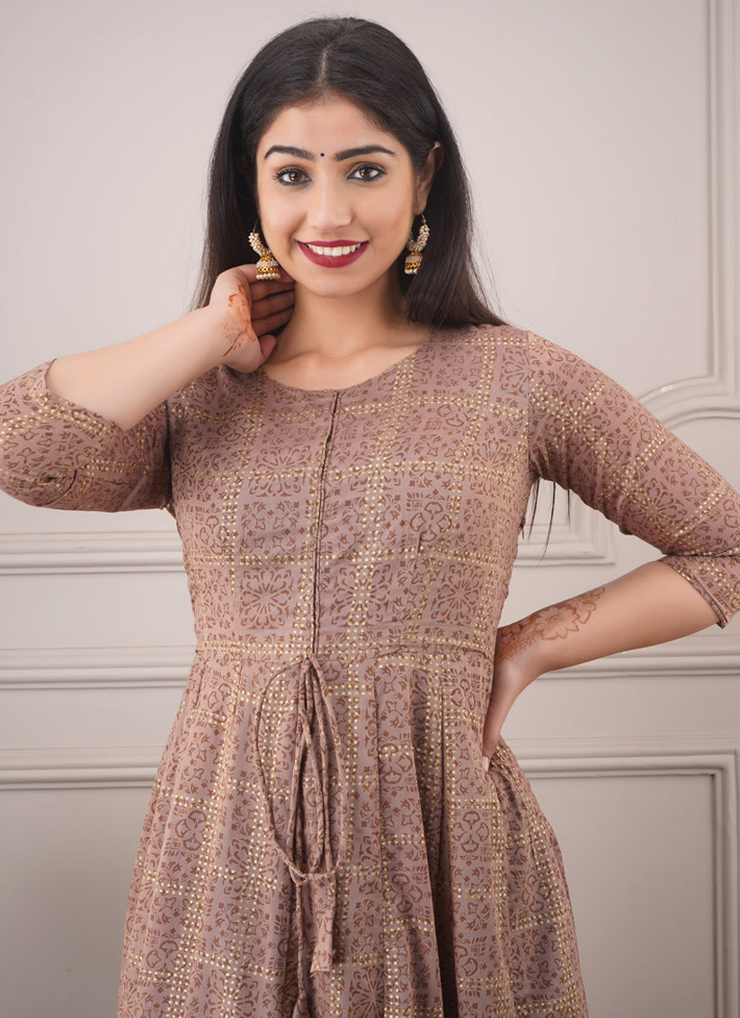 Beige Brown Chanderi Foil Print Ready Made Gown