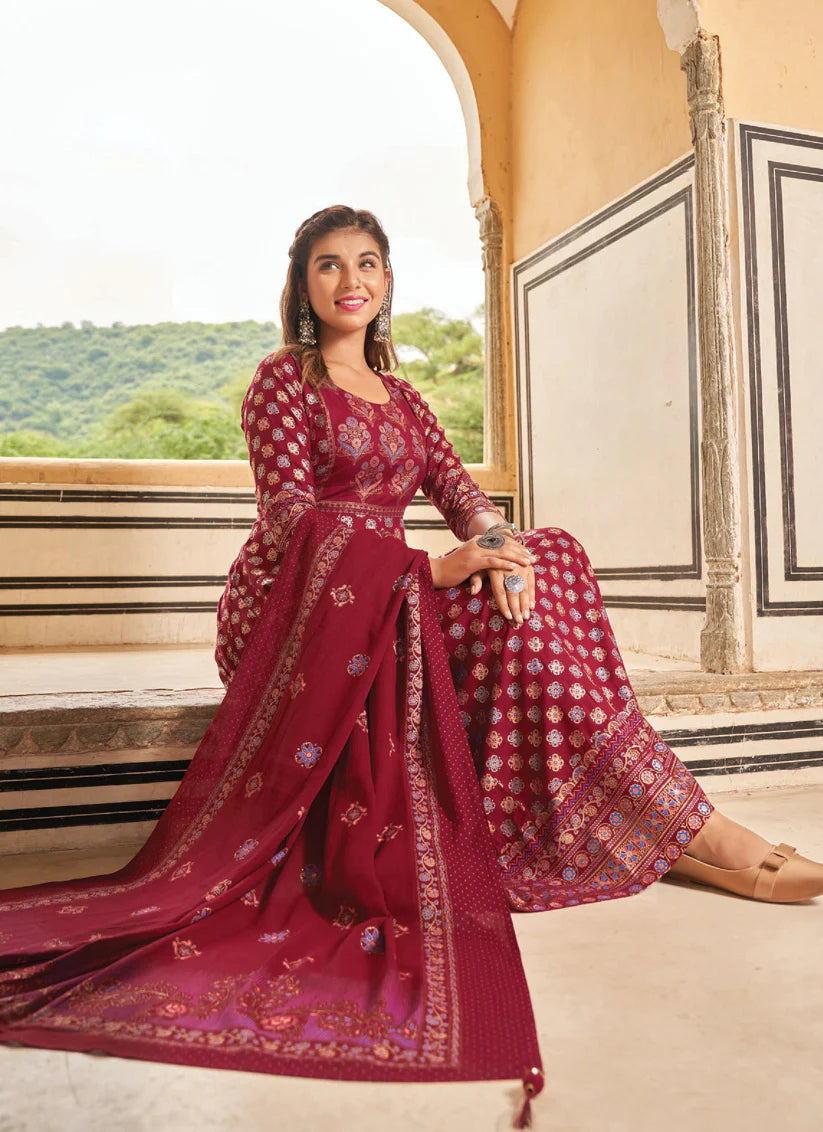 Maroon Rayon Printed Ready Made Anarkali Style Kurti with Dupatta