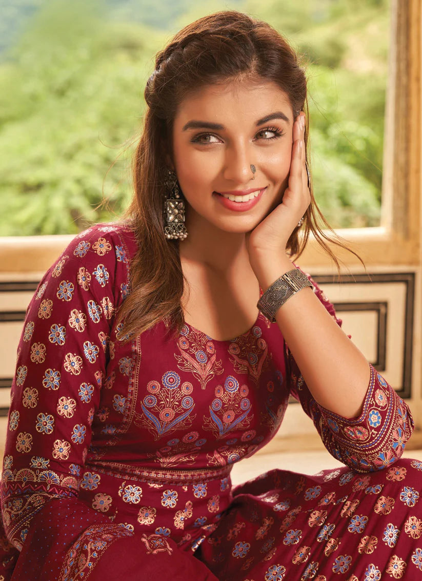 Maroon Rayon Printed Ready Made Anarkali Style Kurti with Dupatta