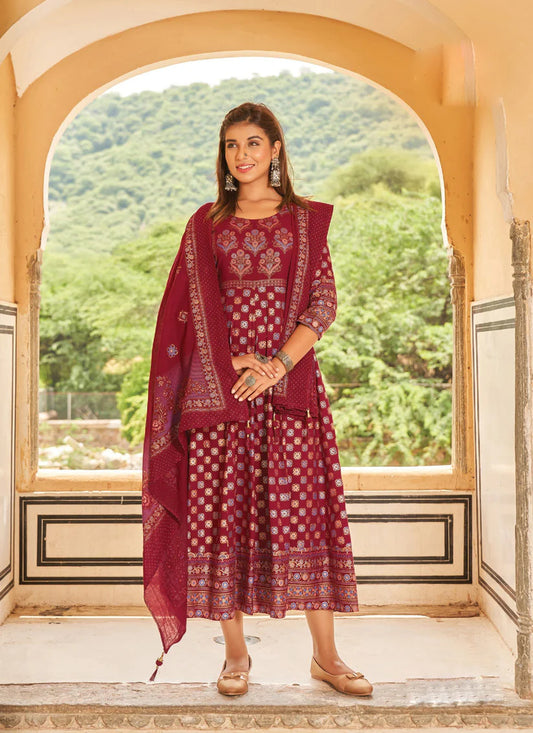 Maroon Rayon Printed Ready Made Anarkali Style Kurti with Dupatta