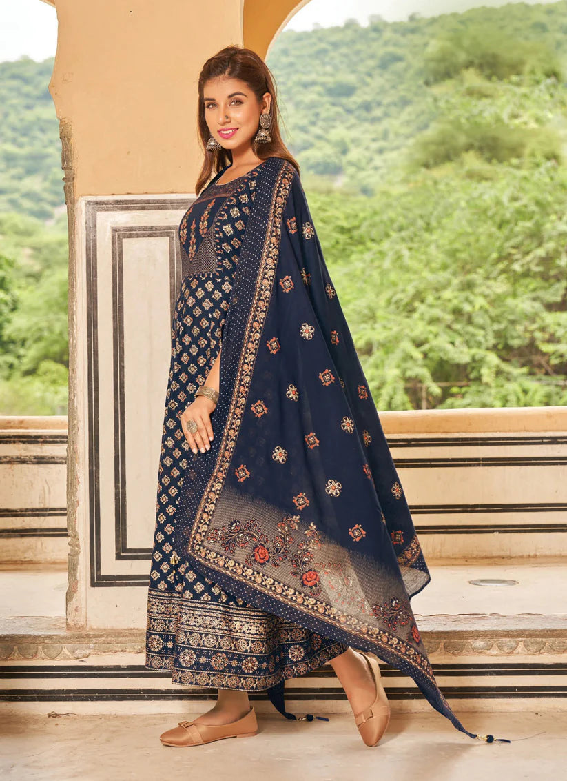 Blue Rayon Printed Ready Made Anarkali Style Kurti with Dupatta