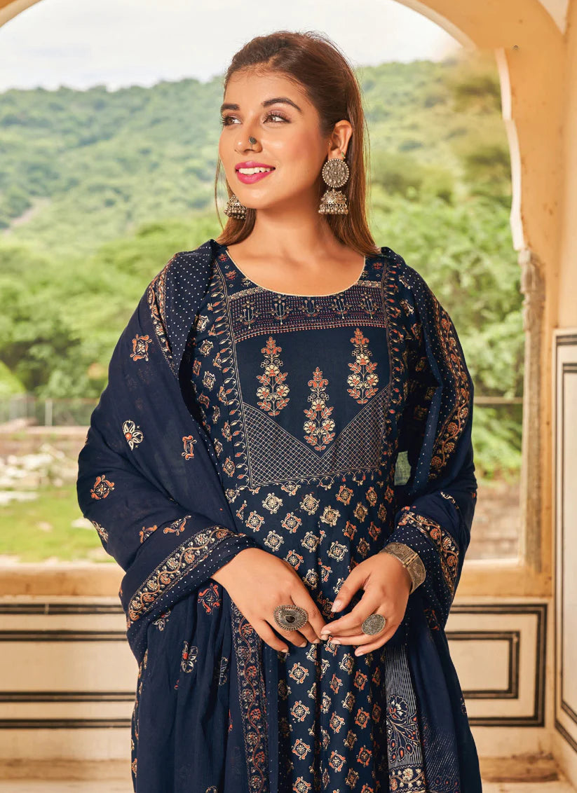 Blue Rayon Printed Ready Made Anarkali Style Kurti with Dupatta