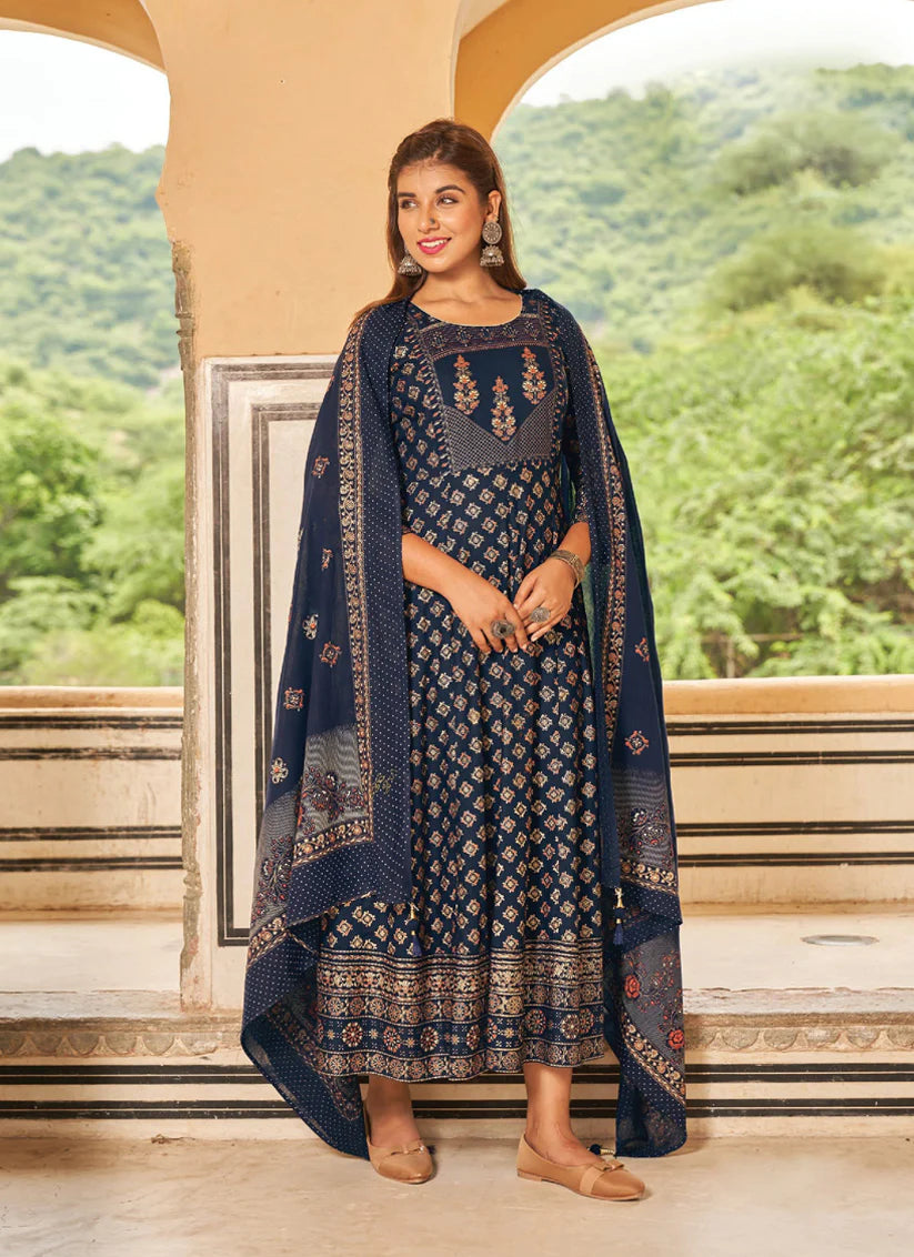 Blue Rayon Printed Ready Made Anarkali Style Kurti with Dupatta