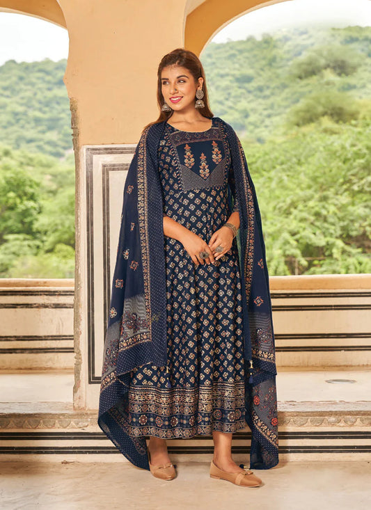Blue Rayon Printed Ready Made Anarkali Style Kurti with Dupatta