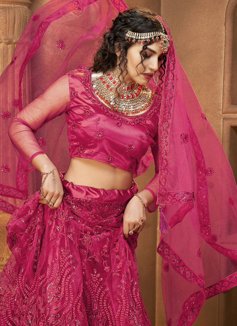 Fuchsia Net Embroidered Designer Lehenga Choli