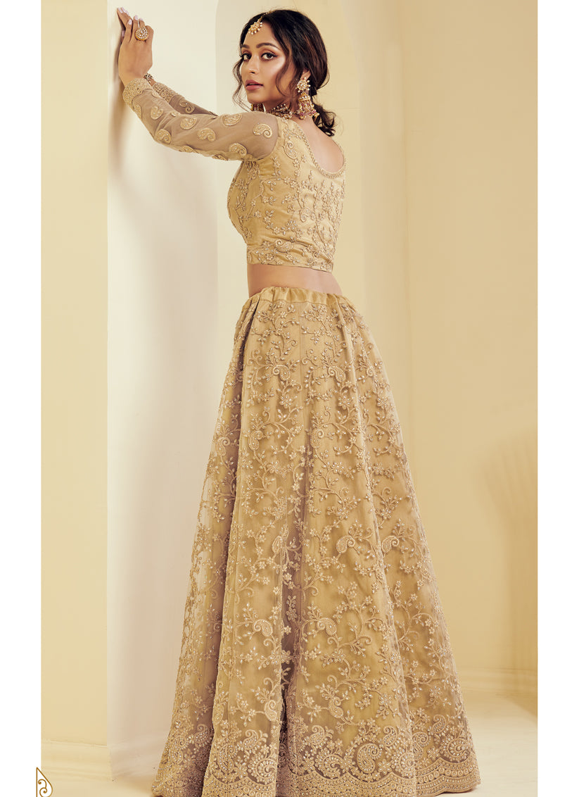 Golden Net Embroidered Bridal Lehenga Choli