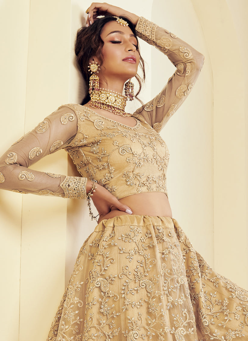 Golden Net Embroidered Bridal Lehenga Choli