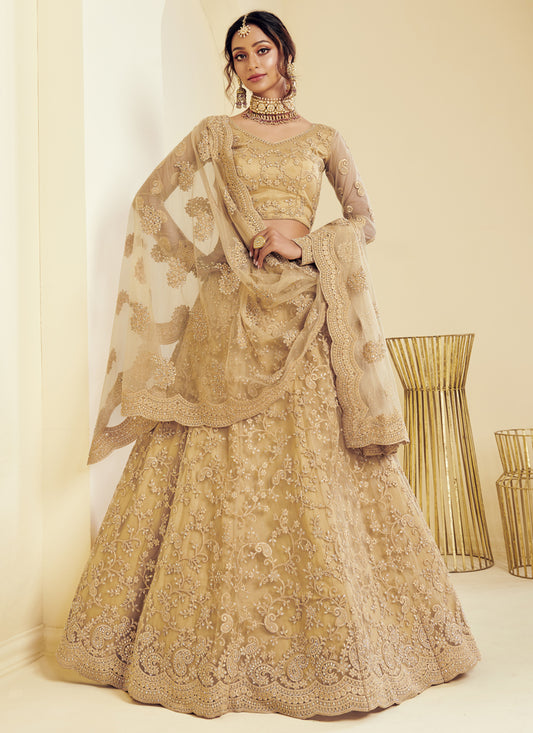 Golden Net Embroidered Bridal Lehenga Choli