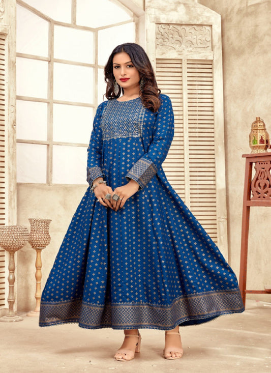 Blue Rayon Printed Ready Made Anarkali Style Kurti