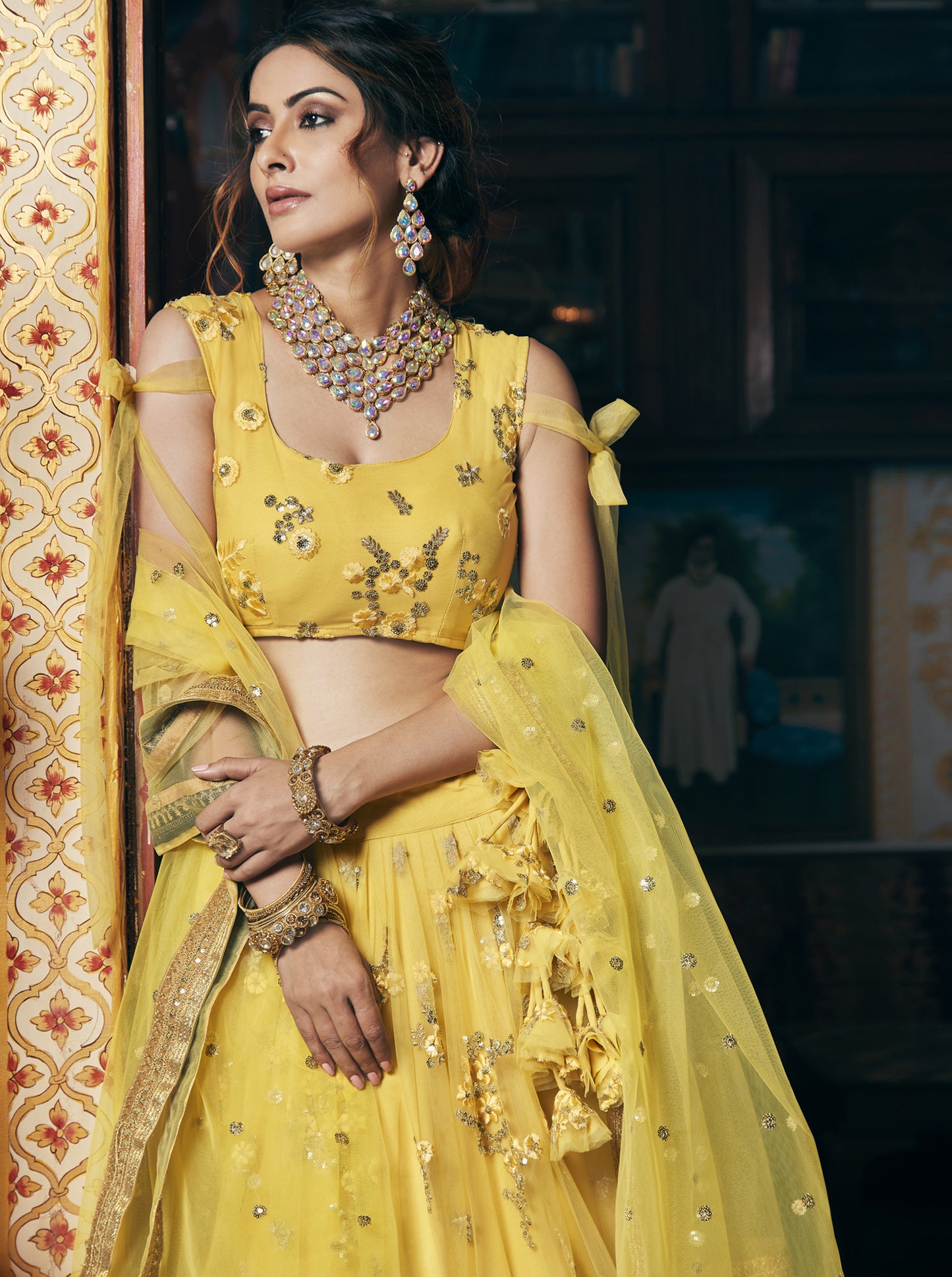 Lemon Yellow Net Embroidered Designer Lehenga Choli