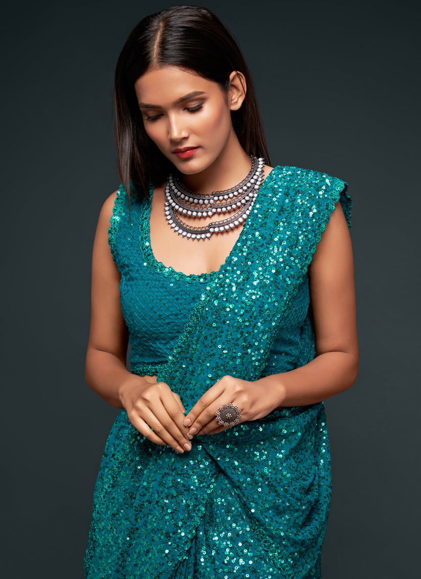 Teal Blue Georgette Thread and Sequins Embroidery Saree