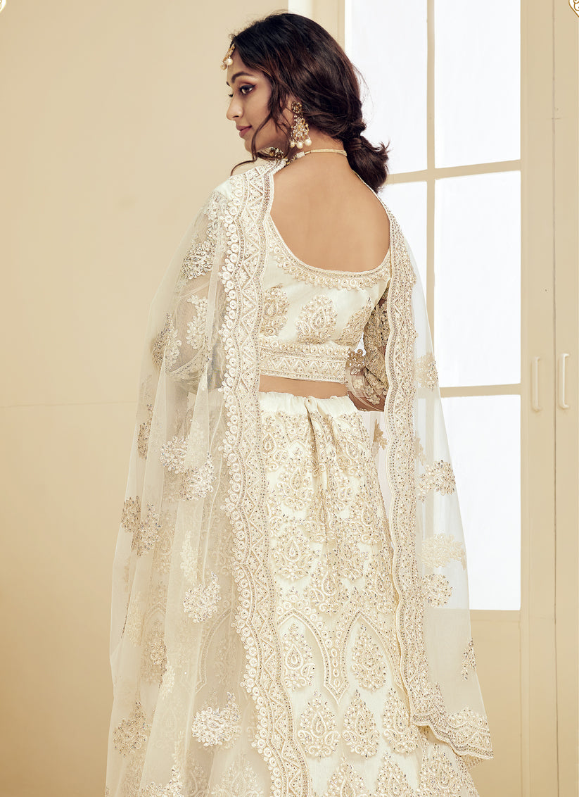 Off White Net Embroidered Bridal Lehenga Choli