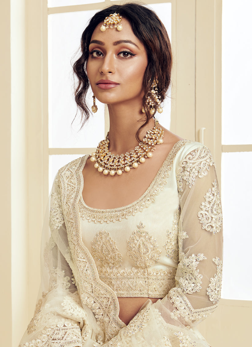 Off White Net Embroidered Bridal Lehenga Choli